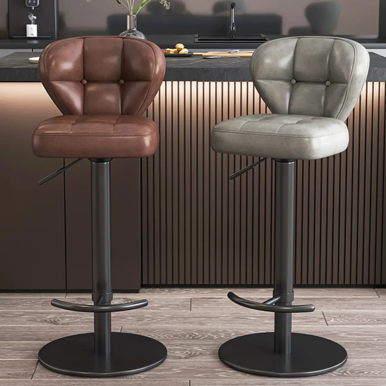 Adjustable Swivel Faux Leather Bar Stools for Kitchen Image - 6