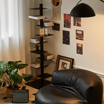 Modern Black Metal Narrow Open Bookcase Image - 9