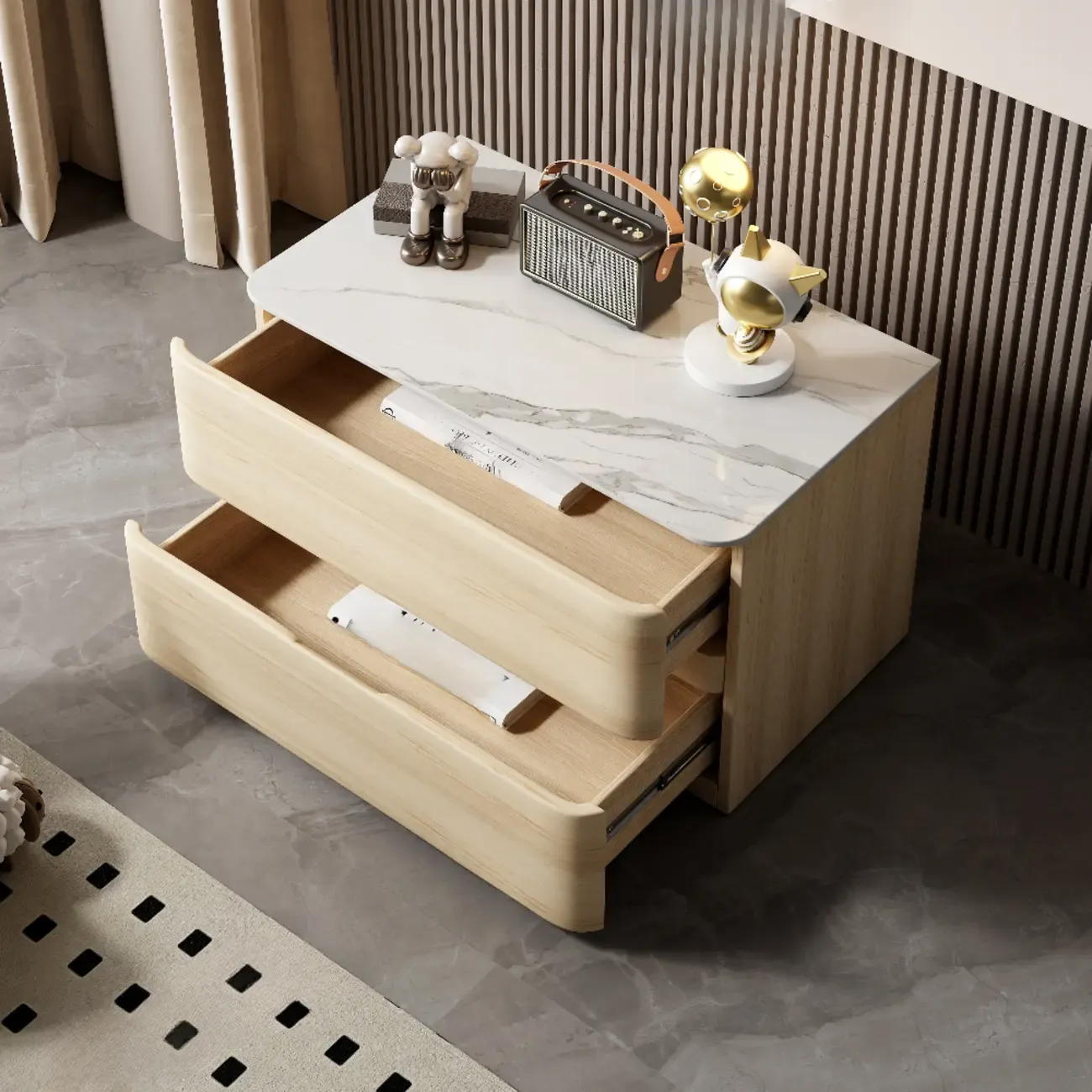 Modern Stone Top Wooden White Bedside Table 2 Drawers Image - 1