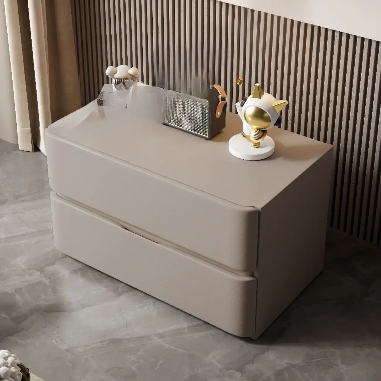 Modern Stone Top Wooden White Bedside Table 2 Drawers Image - 7