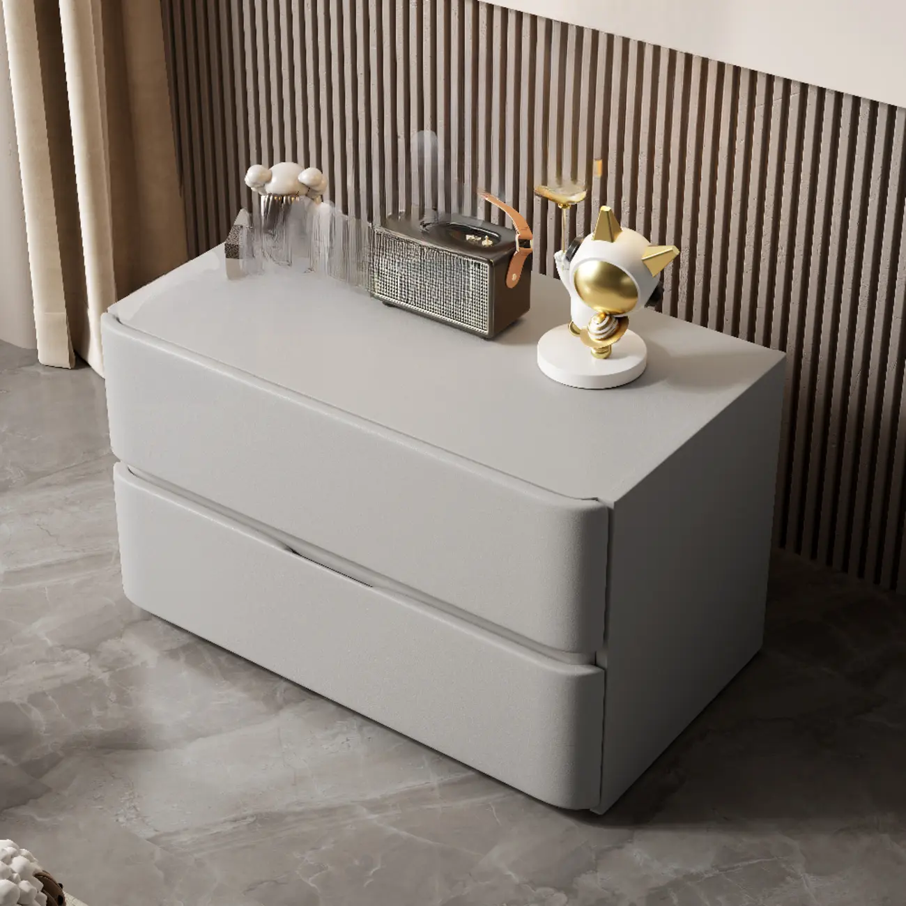 Modern Stone Top Wooden White Bedside Table 2 Drawers Image - 10 | homeyfad