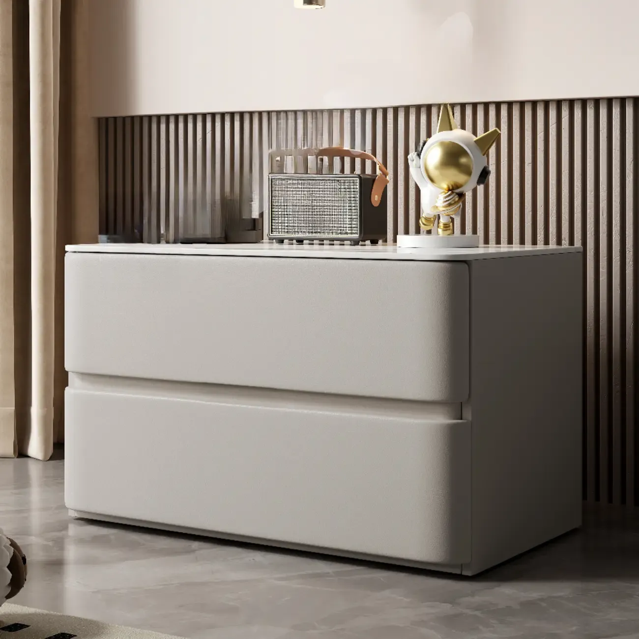 Modern Stone Top Wooden White Bedside Table 2 Drawers Image - 11