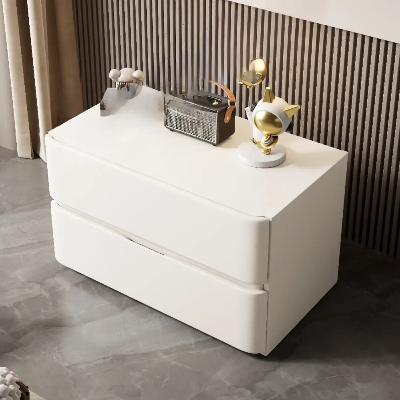 Modern Stone Top Wooden White Bedside Table 2 Drawers Image - 14