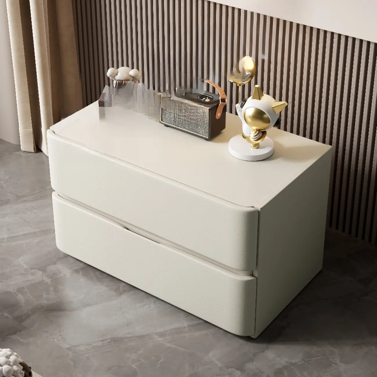 Modern Stone Top Wooden White Bedside Table 2 Drawers Image - 17 | homeyfad