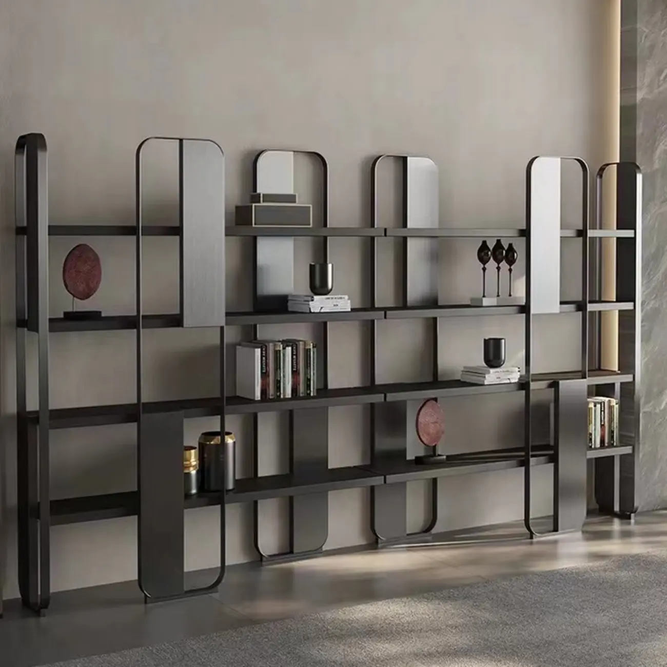 Art Deco Horizontal Wood Shelf Stainless Steel Bookshelves Image - 2 | homeyfad