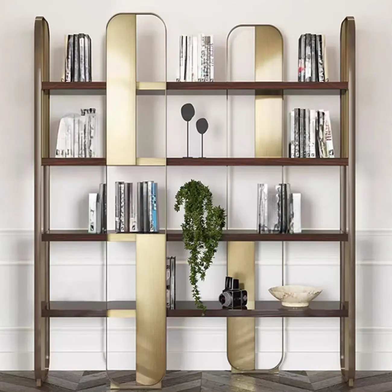 Art Deco Horizontal Wood Shelf Stainless Steel Bookshelves Image - 4 | homeyfad