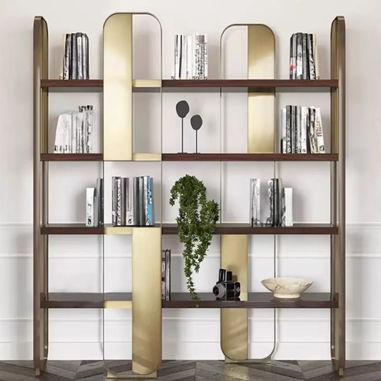 Art Deco Horizontal Wood Shelf Stainless Steel Bookshelves Image - 4