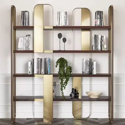 Art Deco Horizontal Wood Shelf Stainless Steel Bookshelves Image - 4