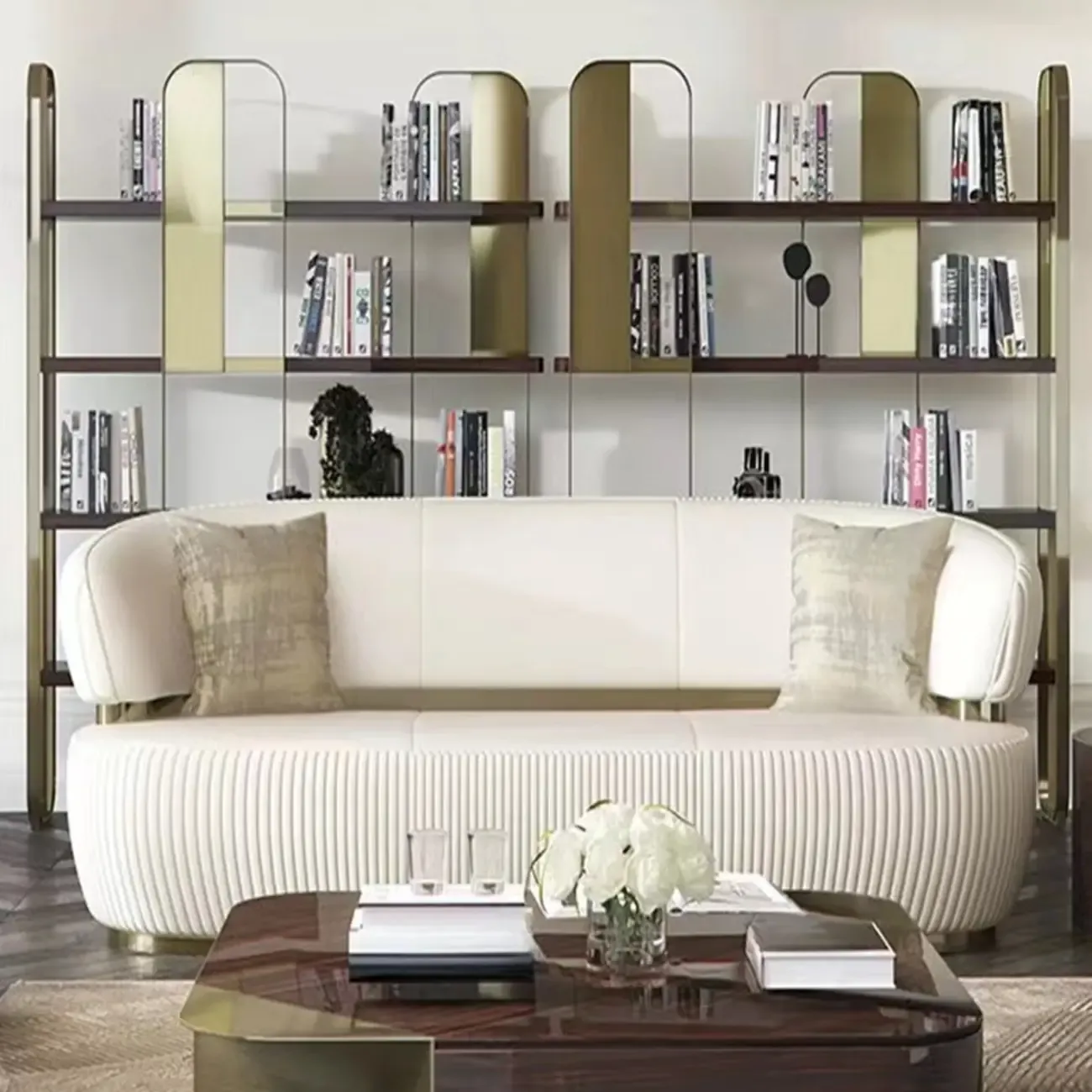 Art Deco Horizontal Wood Shelf Stainless Steel Bookshelves Image - 9