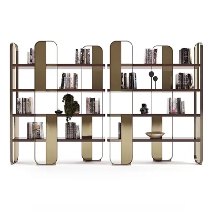Art Deco Horizontal Wood Shelf Stainless Steel Bookshelves Image - 11
