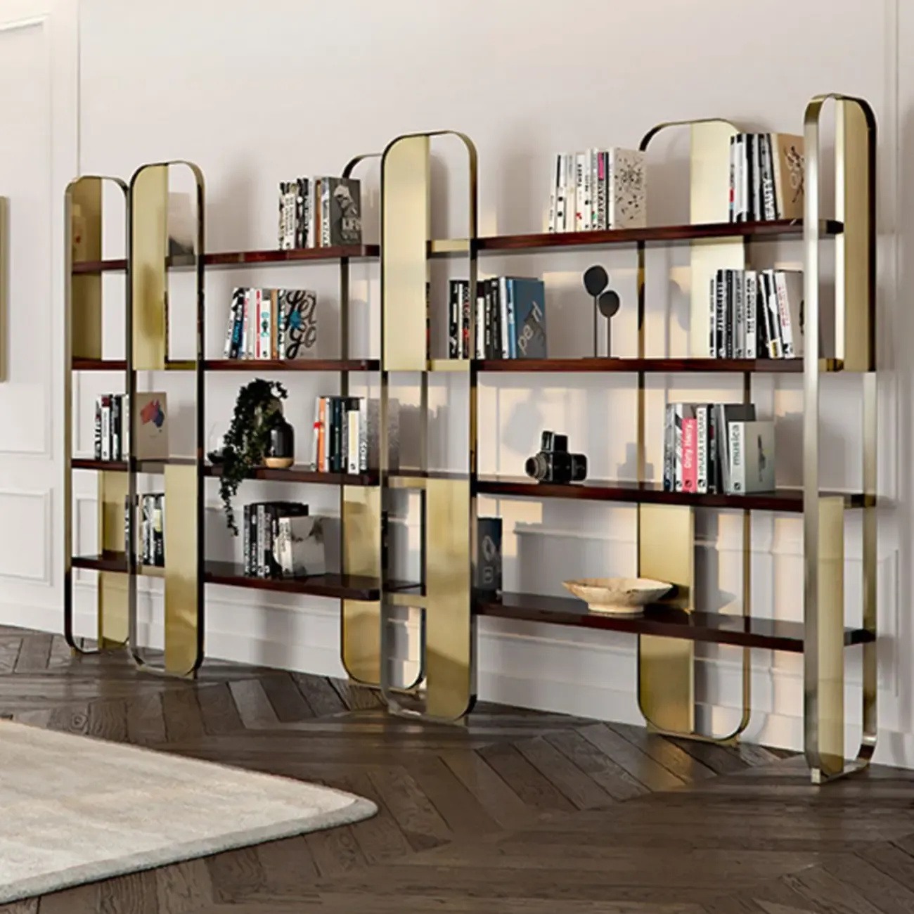 Art Deco Horizontal Wood Shelf Stainless Steel Bookshelves Image - 3