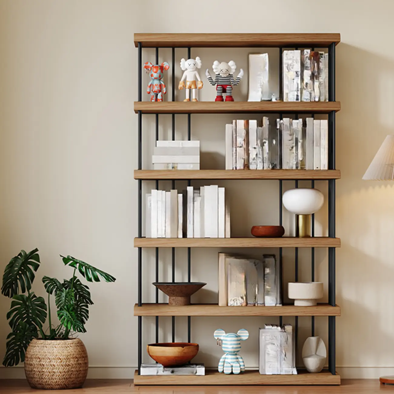 Brown Wooden 5-Shelf Open Back Organizer Bookshelf Image - 1 | homeyfad