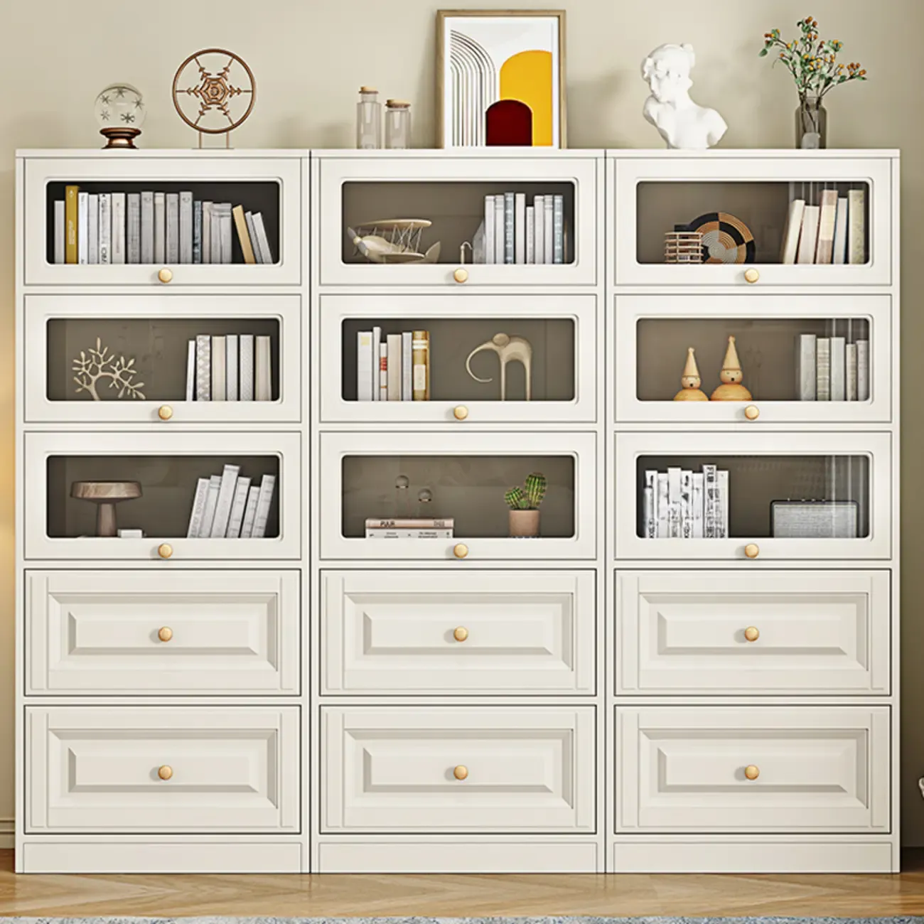 White Standard Wooden Cabinet Bookcase with Doors Image - 2