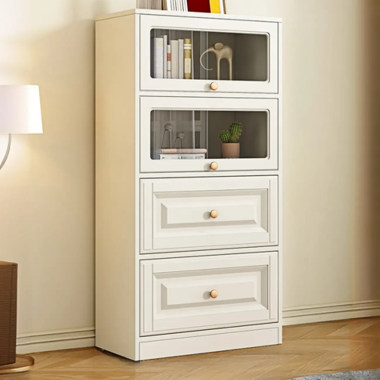 White Standard Wooden Cabinet Bookcase with Doors Image - 5