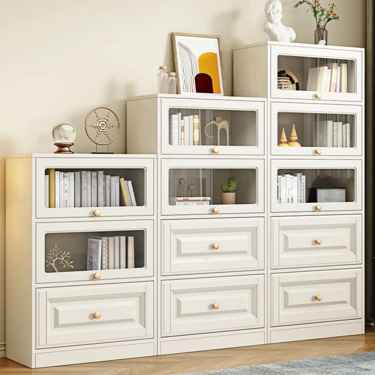 White Standard Wooden Cabinet Bookcase with Doors Image - 6 | homeyfad