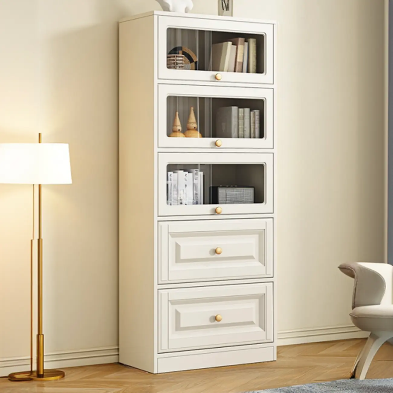 White Standard Wooden Cabinet Bookcase with Doors Image - 7 | homeyfad