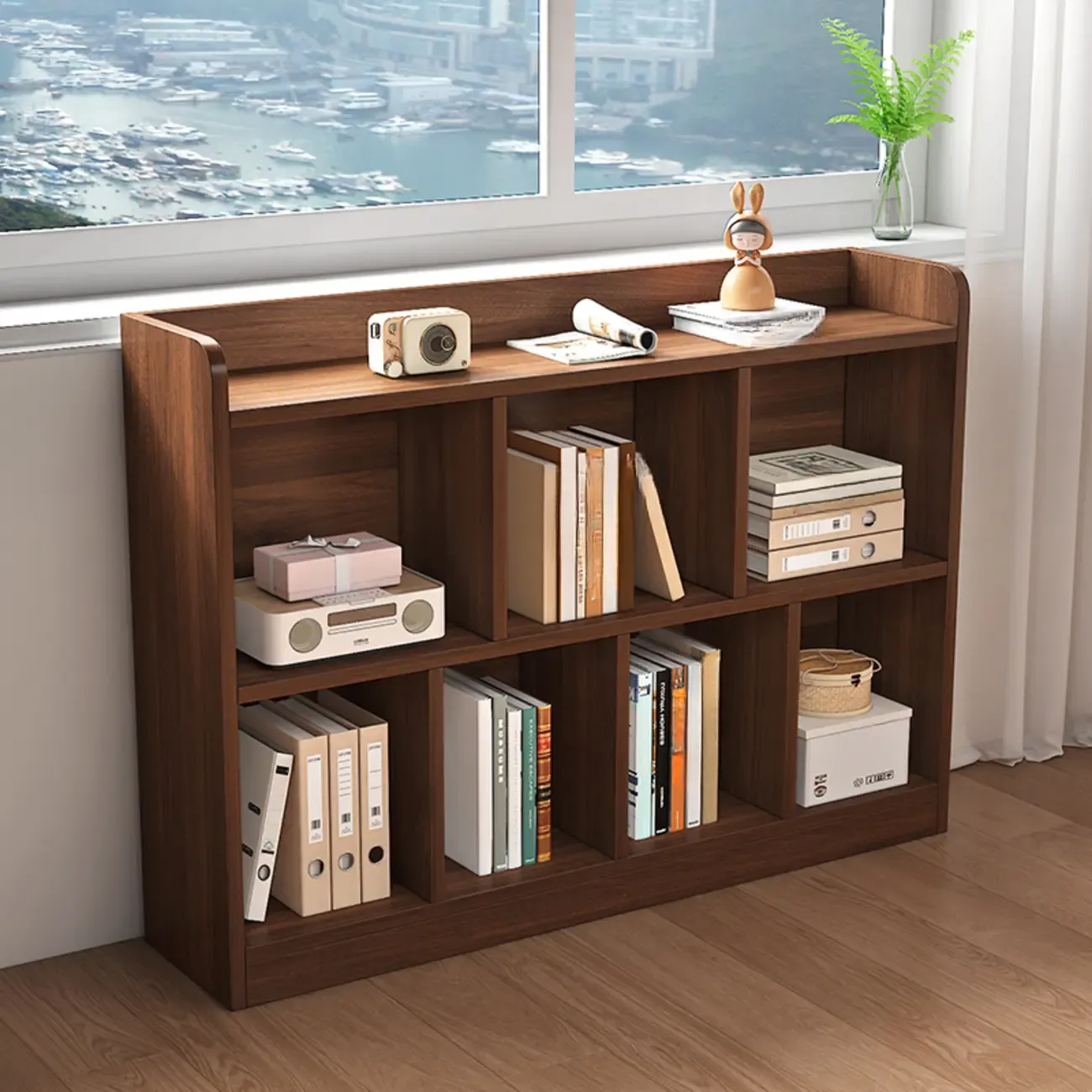 Modern Wide 3-Tier Wood Brown Horizontal Bookcase Image - 1