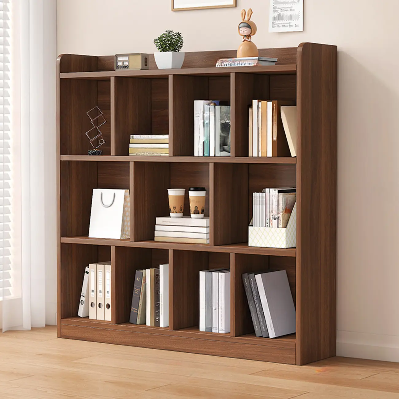 Modern Wide 3-Tier Wood Brown Horizontal Bookcase Image - 2 | homeyfad