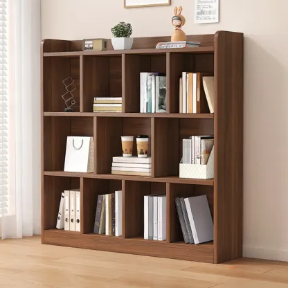 Modern Wide 3-Tier Wood Brown Horizontal Bookcase Image - 2