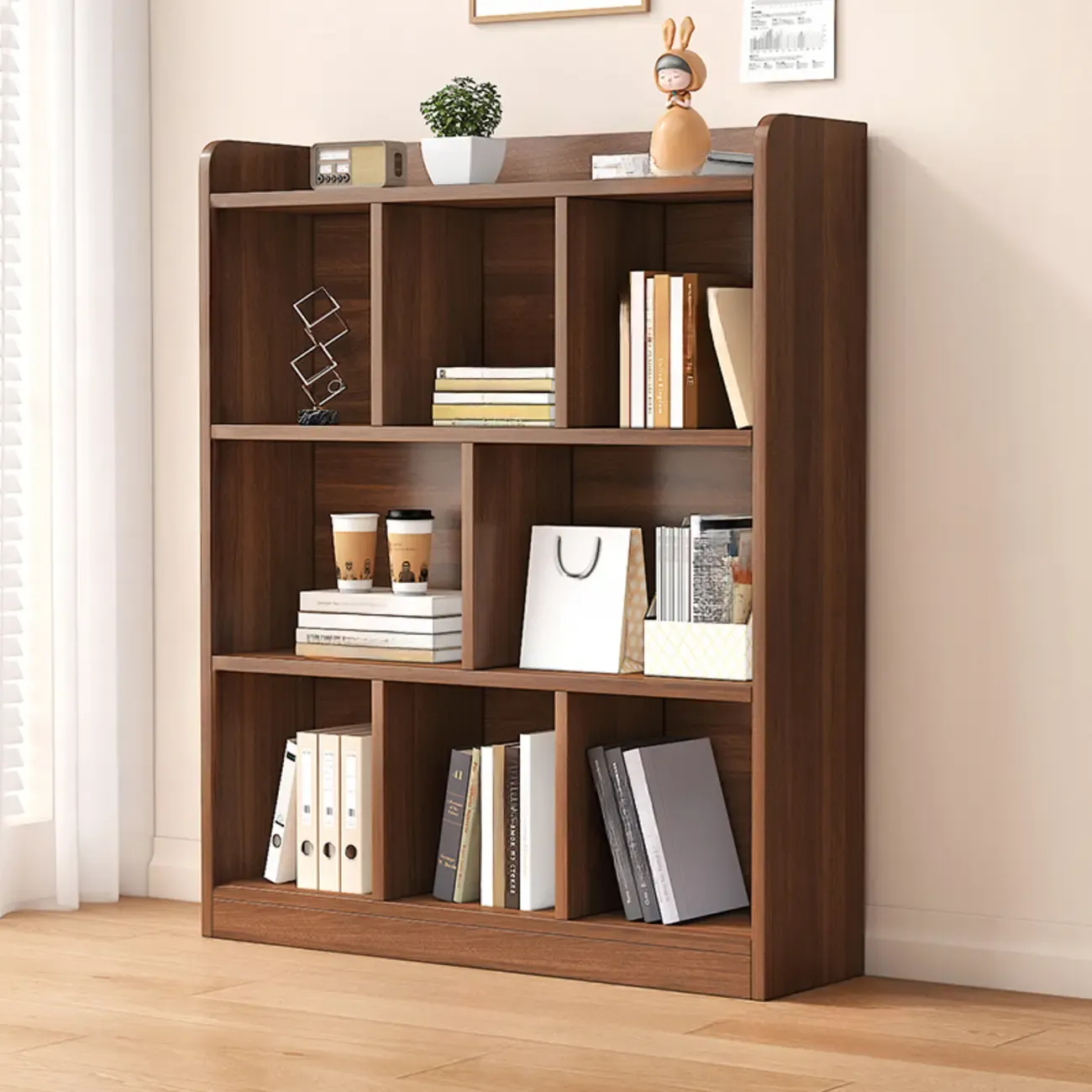 Modern Wide 3-Tier Wood Brown Horizontal Bookcase Image - 3