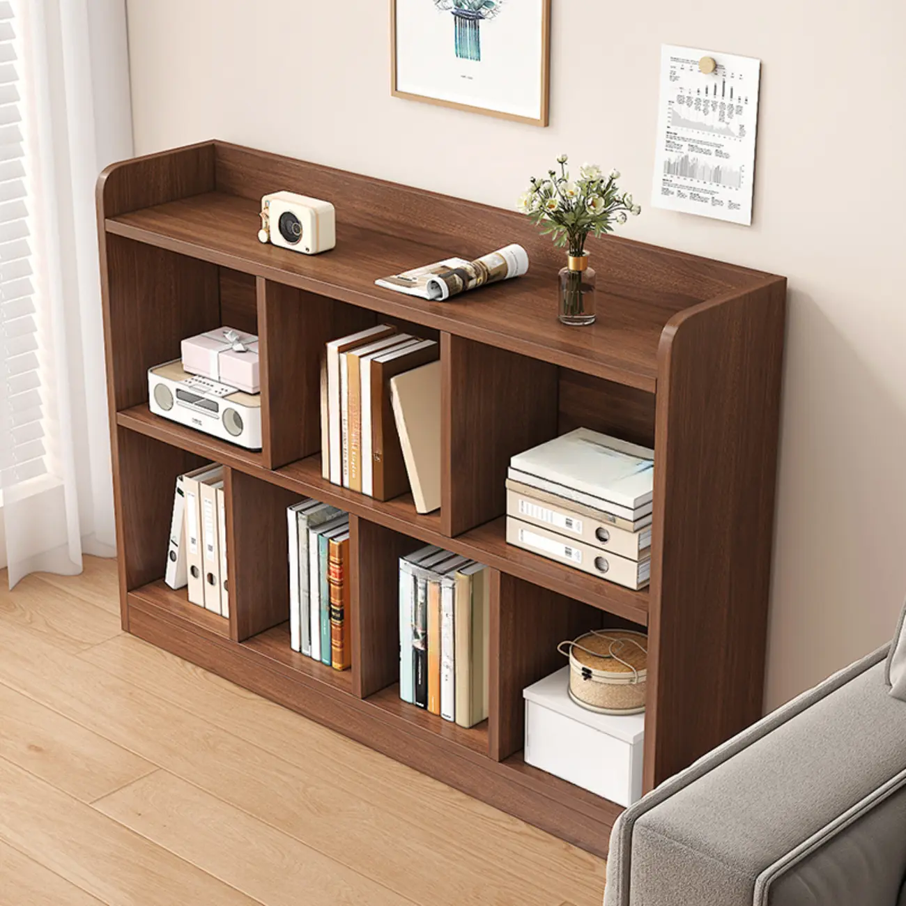 Modern Wide 3-Tier Wood Brown Horizontal Bookcase Image - 4 | homeyfad