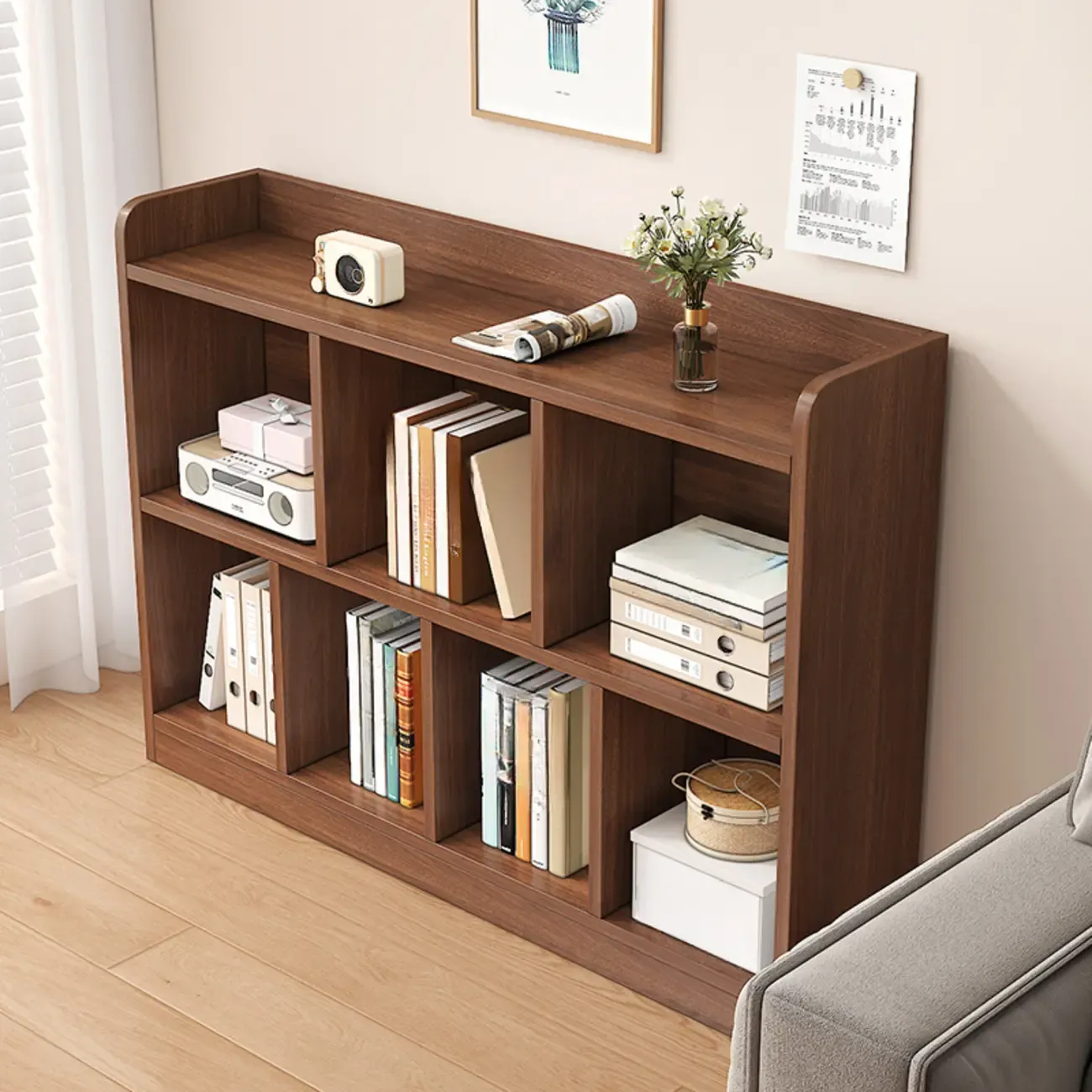 Modern Wide 3-Tier Wood Brown Horizontal Bookcase Image - 4