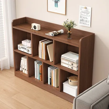 Modern Wide 3-Tier Wood Brown Horizontal Bookcase Image - 4