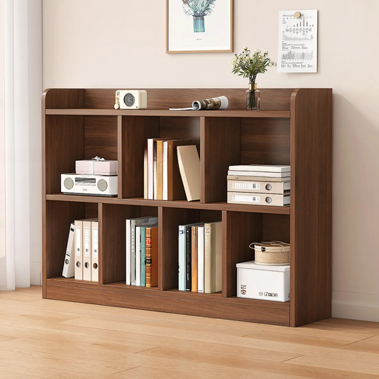 Modern Wide 3-Tier Wood Brown Horizontal Bookcase Image - 5 | homeyfad