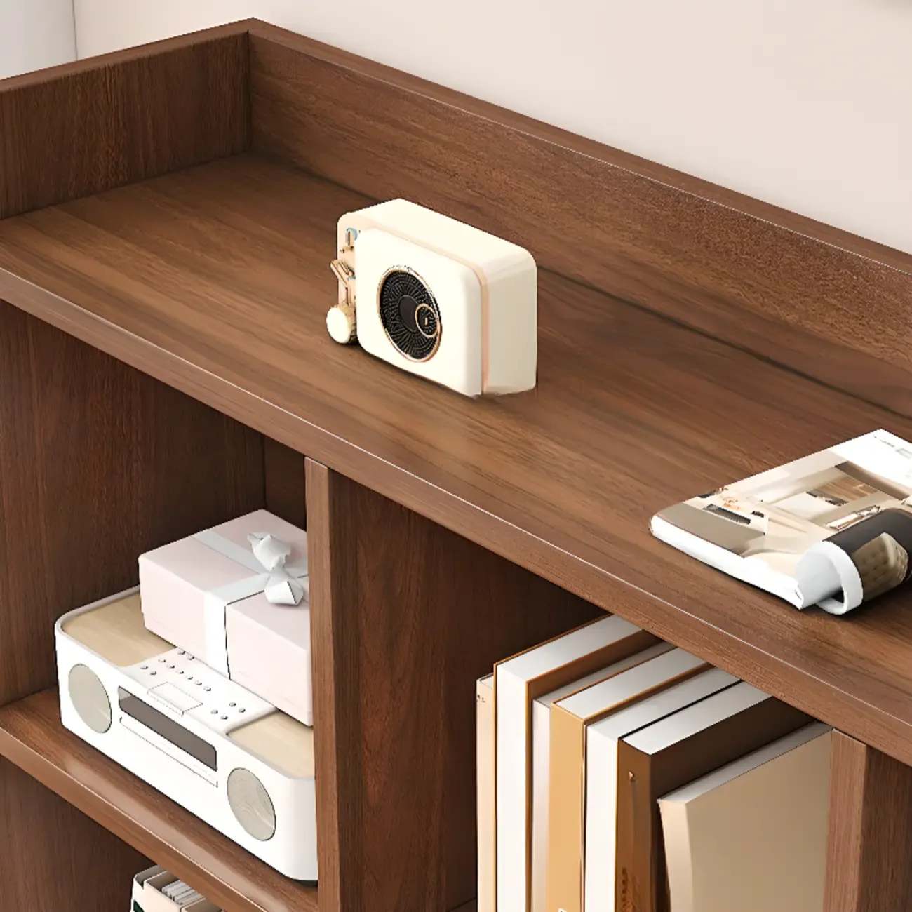 Modern Wide 3-Tier Wood Brown Horizontal Bookcase Image - 6