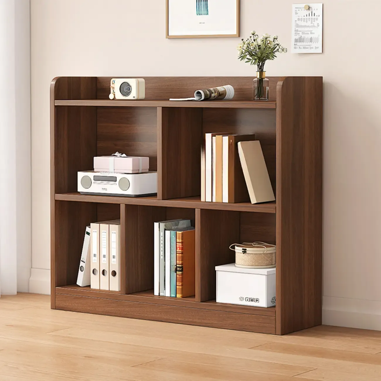 Modern Wide 3-Tier Wood Brown Horizontal Bookcase Image - 7