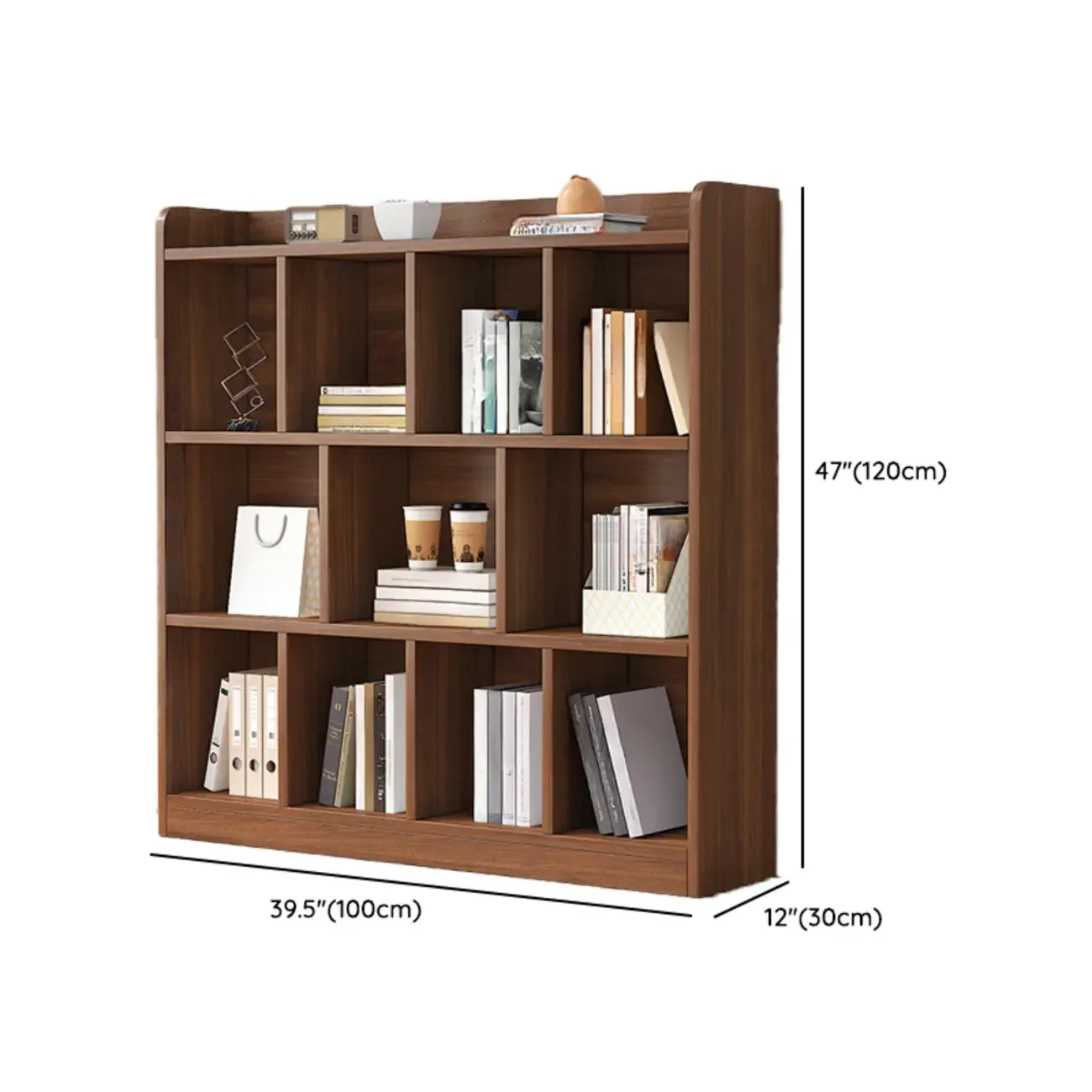 Modern Wide 3-Tier Wood Brown Horizontal Bookcase Image - 13