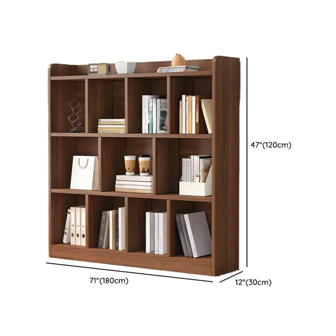 Modern Wide 3-Tier Wood Brown Horizontal Bookcase Image - 17