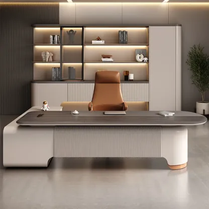 Contemporary Grey L-Shaped Office Desk with Wooden Top Image - 1