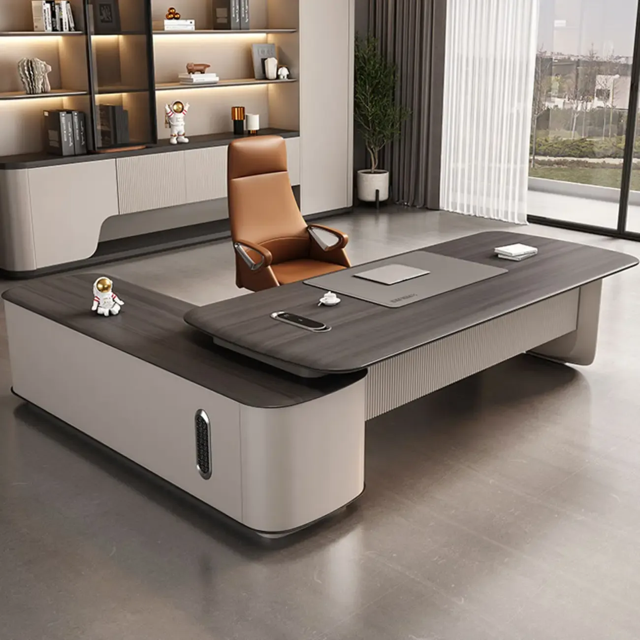 Contemporary Grey L-Shaped Office Desk with Wooden Top Image - 2