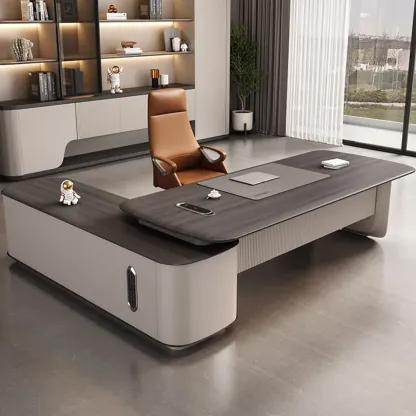 Contemporary Grey L-Shaped Office Desk with Wooden Top Image - 2
