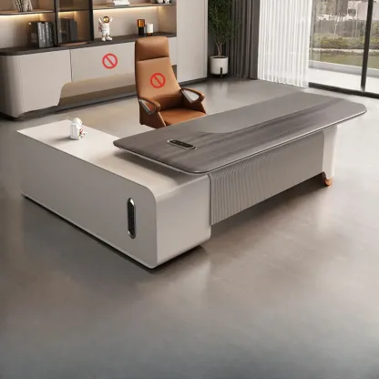 Contemporary Grey L-Shaped Office Desk with Wooden Top Image - 3