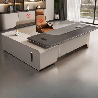 Contemporary Grey L-Shaped Office Desk with Wooden Top Image - 4