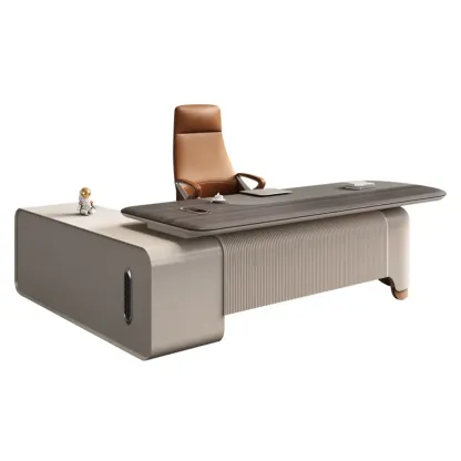 Contemporary Grey L-Shaped Office Desk with Wooden Top Image - 5