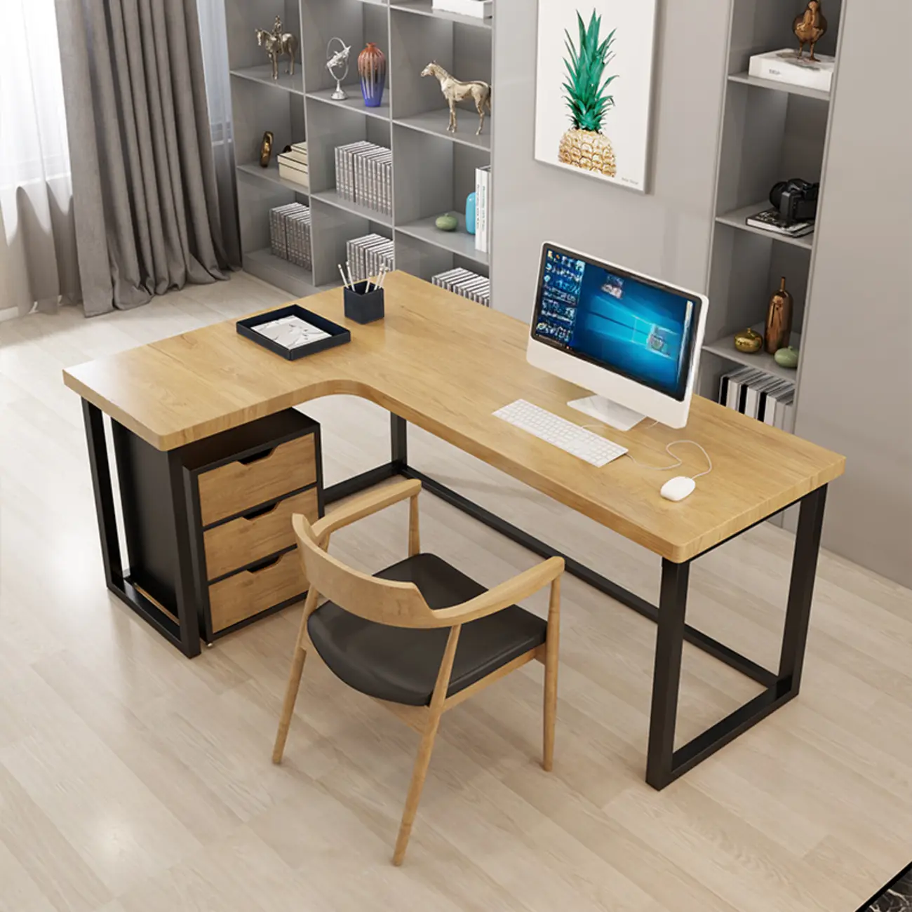 Modern L-Shaped Wooden Office Desk with 3-Drawers Storage Image - 1 | homeyfad