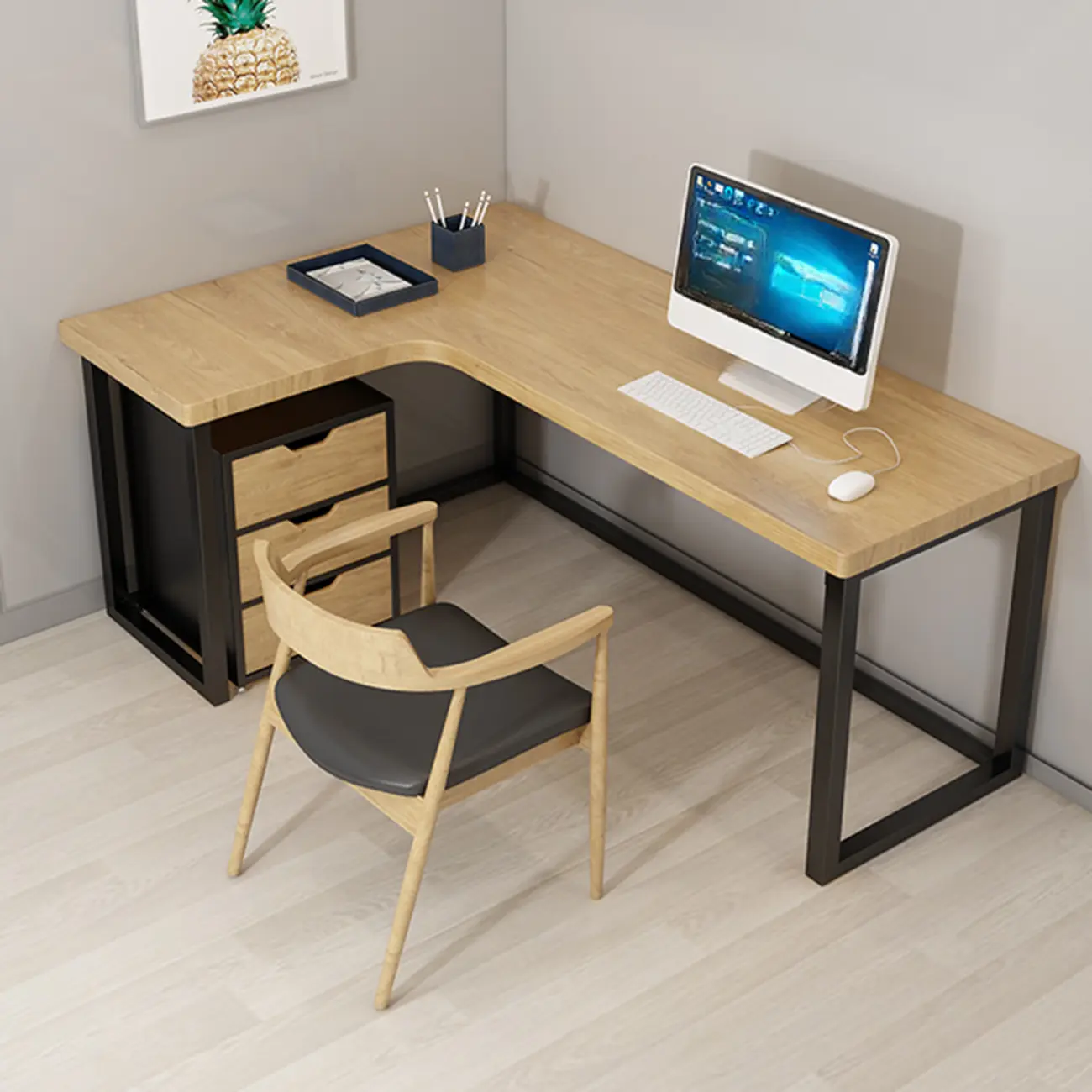 Modern L-Shaped Wooden Office Desk with 3-Drawers Storage Image - 2 | homeyfad