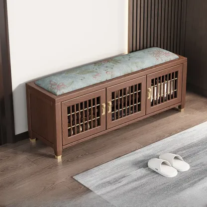 Traditional Wooden Upholstered Bench with Storage Locker Image - 4