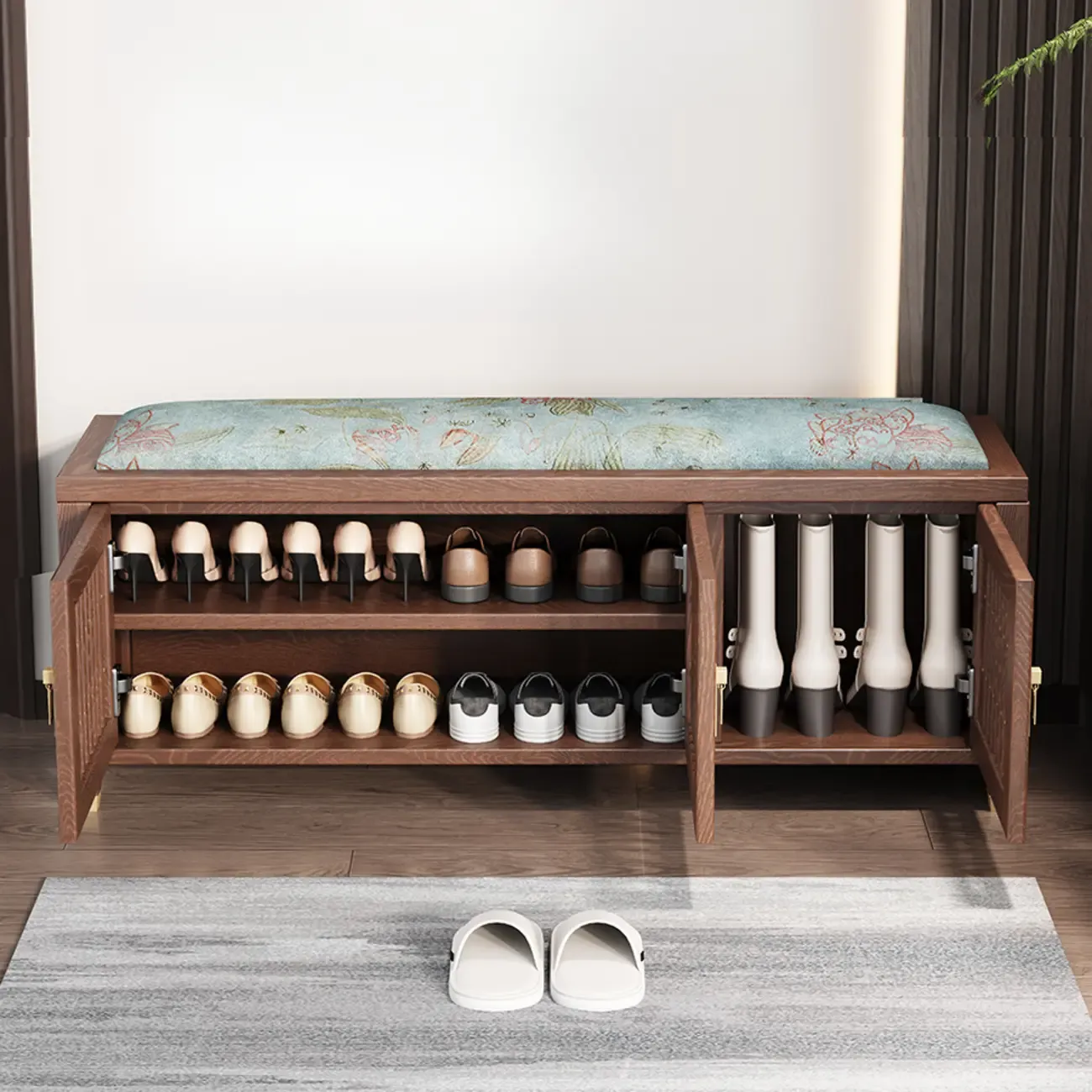 Traditional Wooden Upholstered Bench with Storage Locker Image - 2