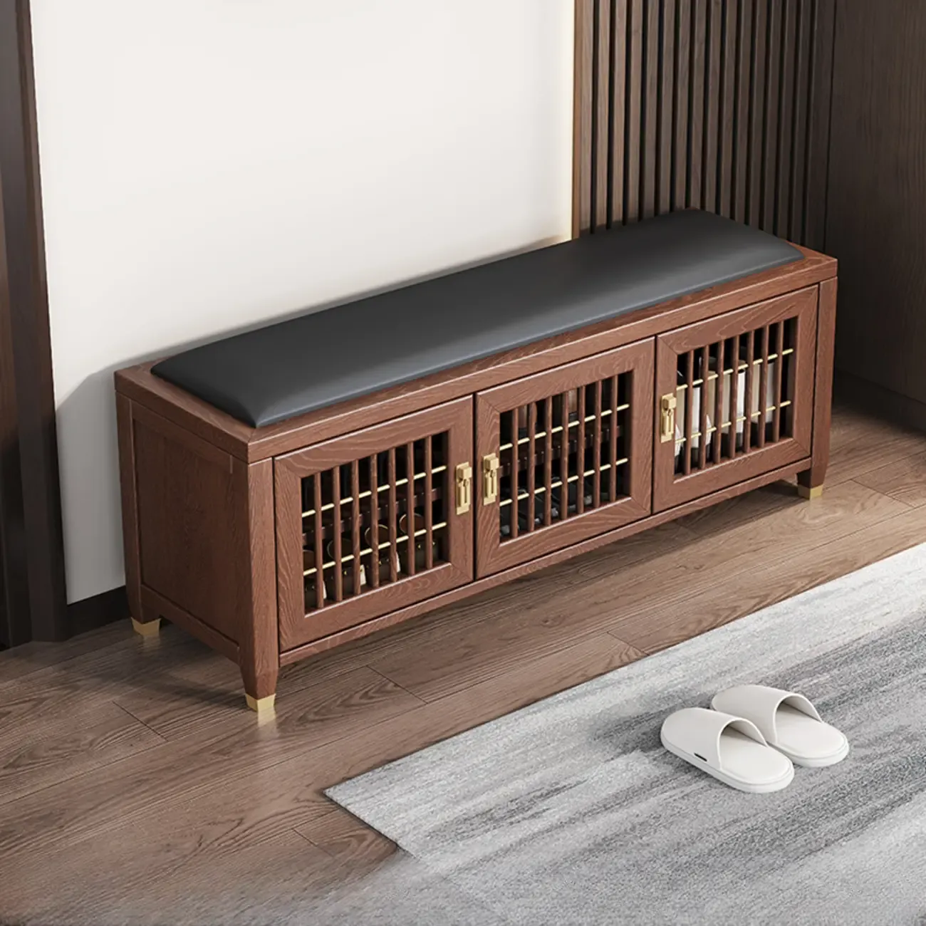 Traditional Wooden Upholstered Bench with Storage Locker Image - 11