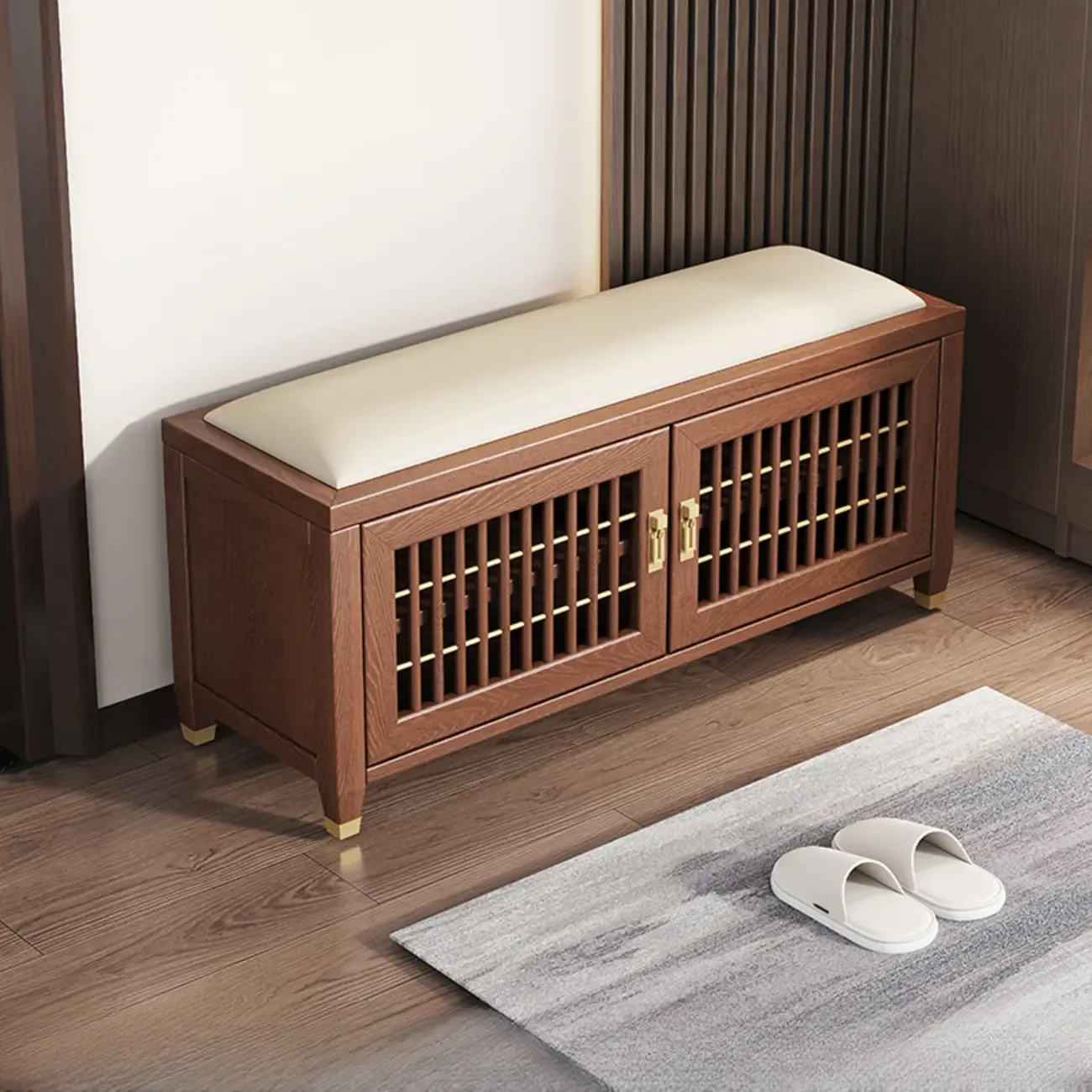Traditional Wooden Upholstered Bench with Storage Locker Image - 7