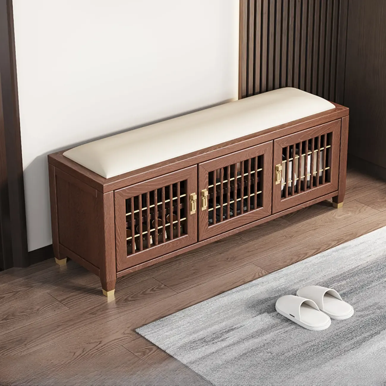 Traditional Wooden Upholstered Bench with Storage Locker Image - 8