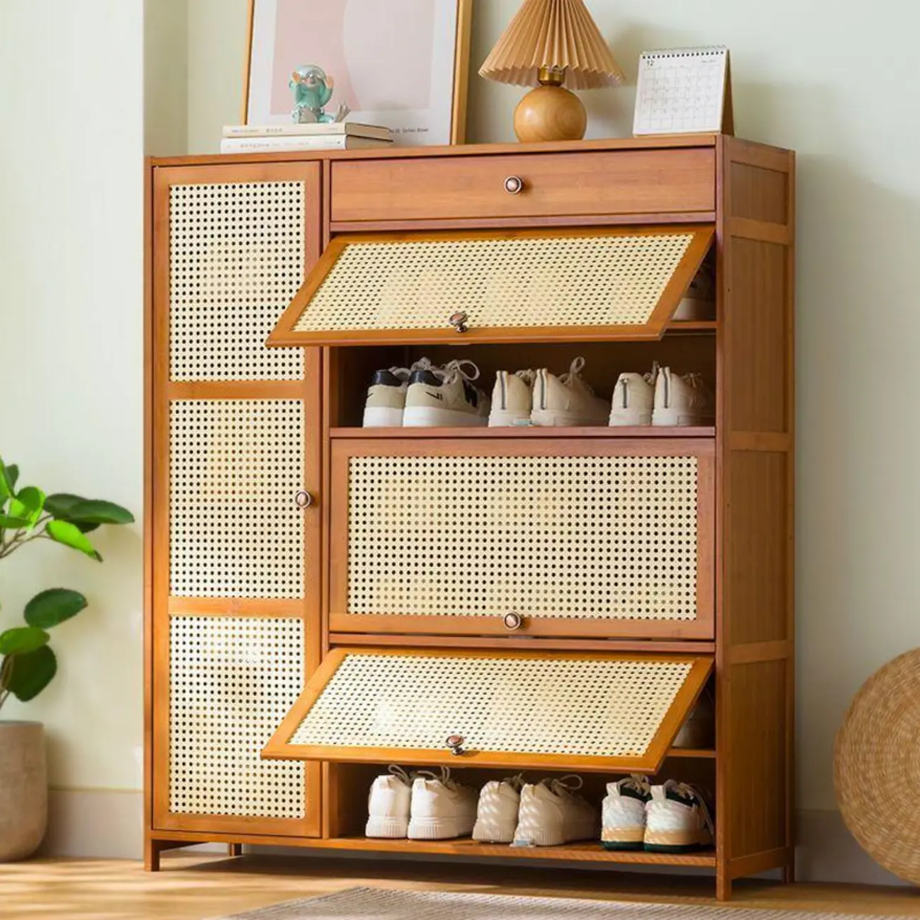 Bohemian Brown Wood Shoe Cabinet with Cane Doors Image - 1 | homeyfad