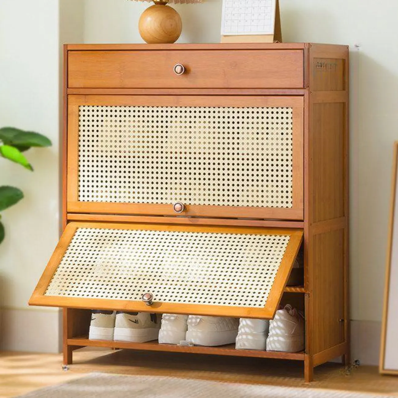 Bohemian Brown Wood Shoe Cabinet with Cane Doors Image - 2 | homeyfad