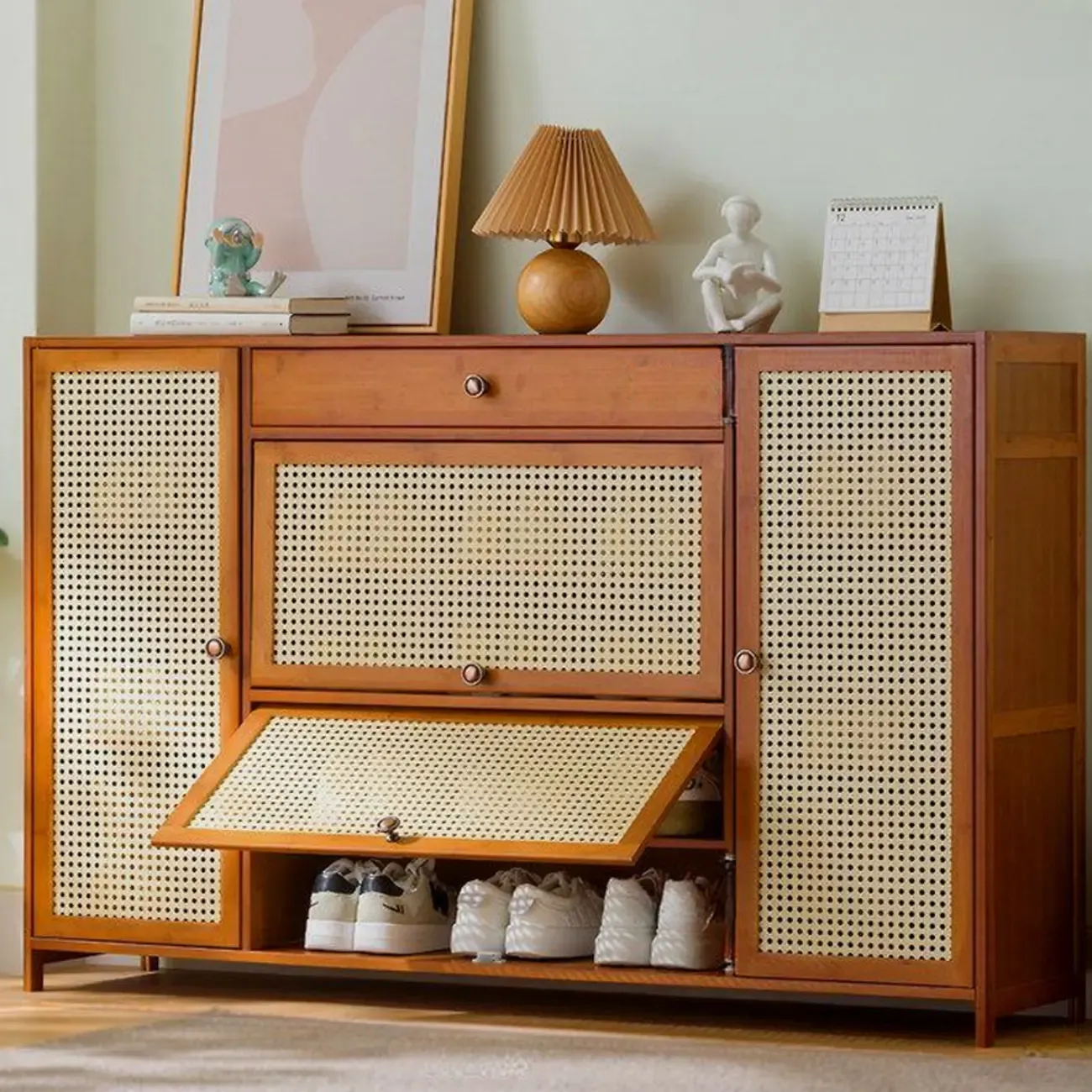 Bohemian Brown Wood Shoe Cabinet with Cane Doors Image - 4