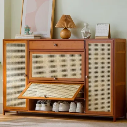 Bohemian Brown Wood Shoe Cabinet with Cane Doors Image - 4