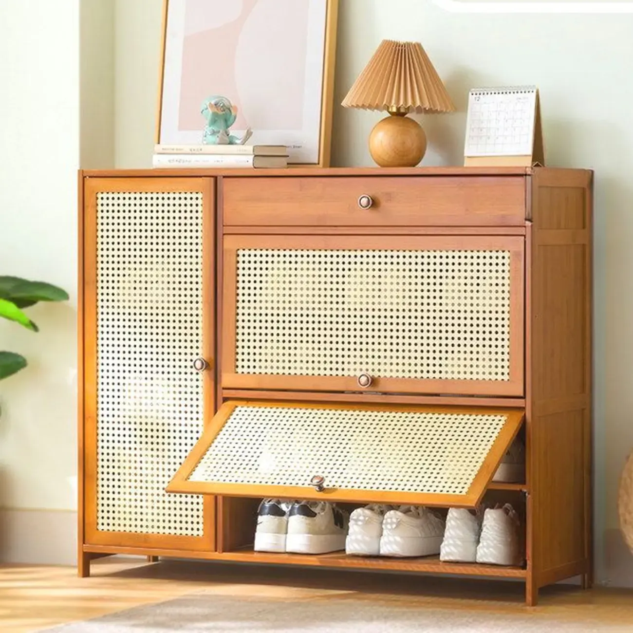 Bohemian Brown Wood Shoe Cabinet with Cane Doors Image - 5